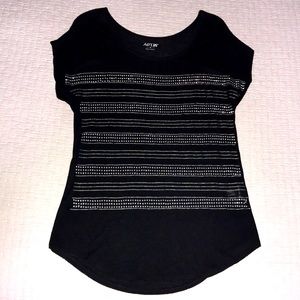 Black short sleeved top, silver striped detailing